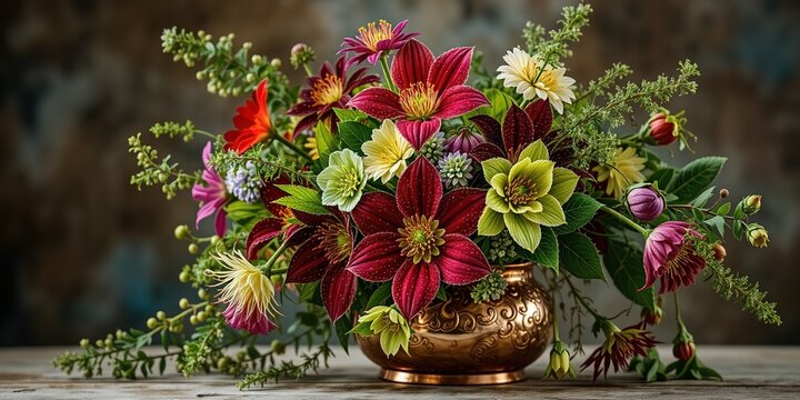 Emerald Veratrum and Magenta Kolkwitzia Bloom on Antique Copper Kettle