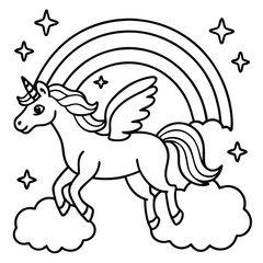 a magical unicorn with sparkly wings flying over a rainbow