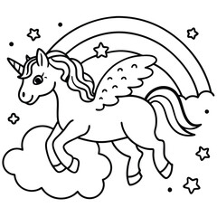 a magical unicorn with sparkly wings flying over a rainbow