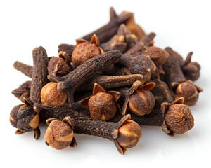 pile of dried cloves on plain white background