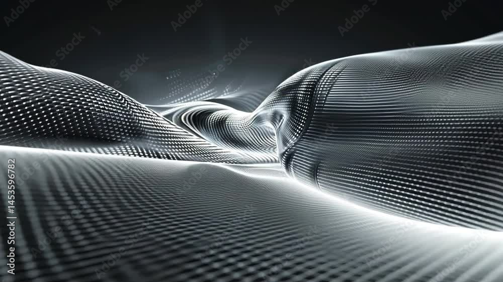 Poster mesmerizing abstract landscape of flowing lines and dots, creating depth and movement in monochrome 