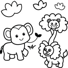 a smiling cartoon lion zebra and elephant playing together