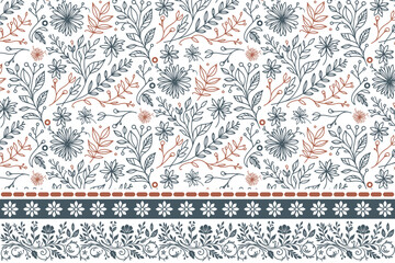 botanical line art pattern. hand drawn border elements. one line floral pattern with border. embroidery sketch design. seamless floral petals. textile background repeat

