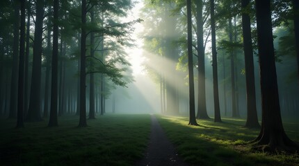 Naklejka premium Sunbeams pierce the misty forest, illuminating a tranquil path winding through tall trees, creating an ethereal and serene atmosphere.