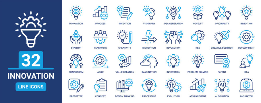 Innovation icon set. Containing idea, invention, creativity, concept, startup, agile, prototype, process, visionary and more. Outline icons vector collection.