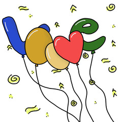 abstract background with hearts, love word text from helium balloons.