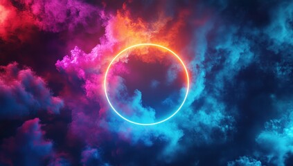 Obraz premium Abstract Background with Neon Circle Frame and Smoke Clouds in Pink Orange and Blue Colors for Modern Graphic Design