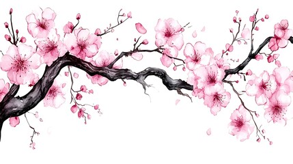 Fototapeta premium Botanical watercolor floral art with cherry blossoms nature scene soft colors artistic view
