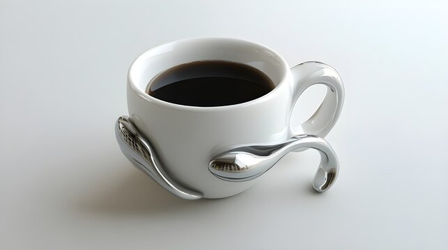 A  modern and new design cup of coffee is on white floor onm white background , Empty white coffee cup , mugs on a white background are standing
