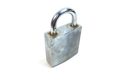 Naklejka premium A steel padlock is clearly isolated on a white background, presenting a concept related to security and protection with the touch of Generative Ai. The simple yet powerful image of the padlock against
