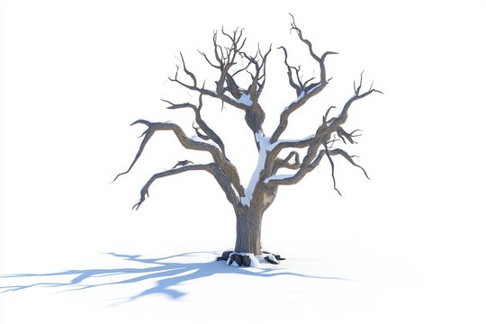A solitary, leafless tree stands in a snowy landscape under a bright, clear sky
