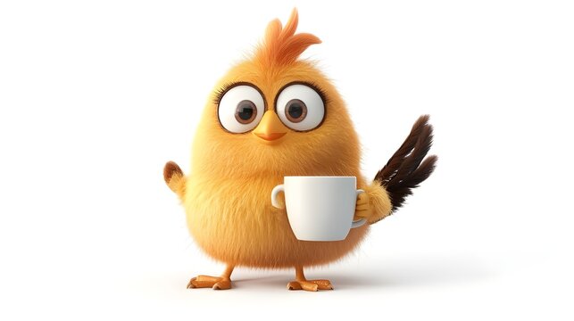 This is a  yelloow baby chick, holding coffee cup or tea mug ojn whjite background , Yellow bird holding tea mug on white backgroung 

