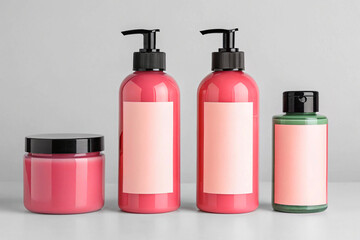Pink and Green Cosmetic Bottles with Blank Labels