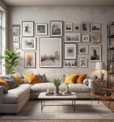 Fototapeta premium Bright living room, eclectic gallery wall, mixed media artwork, living, wall display