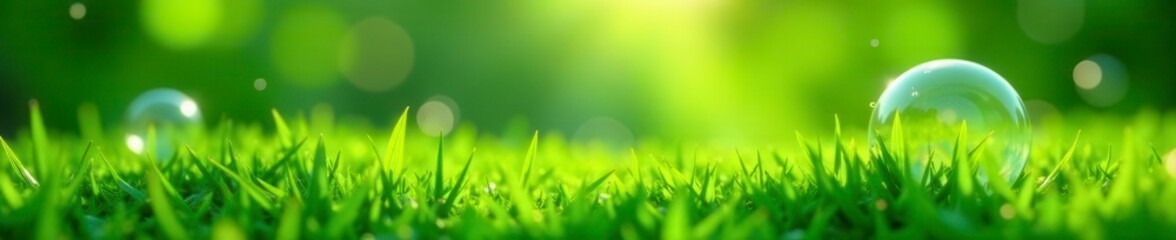 Shimmering soap bubbles drift above lush green grass , environment, image