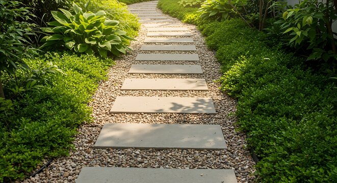 Garden walkway composed of rectangular stepping stones and small grey stones, flanked by vibrant green growth.