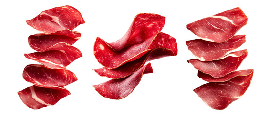 Fototapeta premium Set of thin slices of cured meat Bresaola with marbled texture isolated on white transparent background, concept of delicacy.