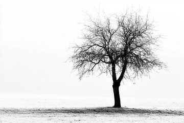 A solitary, leafless tree stands in a vast, snowy landscape under a gray sky