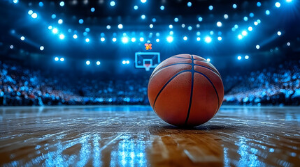 Obraz premium A basketball lying on a polished court with Blurred Stadium Background During a Game