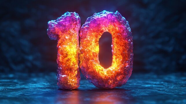 Glowing, textured number ten on a dark background
