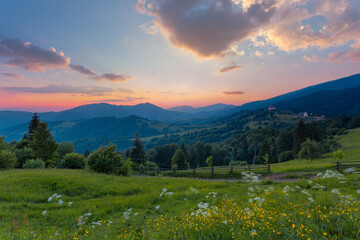 Picturesque scenery of summer green hills under a gorgeous sunset sky with clouds. Wildflowers on a green grass meadow. Carpathian mountains. Ukraine.