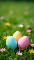 Fototapeta premium Speckled & solid Easter eggs amongst wildflowers on grassy lawn, illustration, tradition, bright