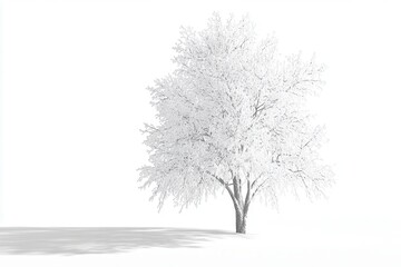 Obraz premium A solitary, snow-covered tree stands in a vast white landscape under a clear sky