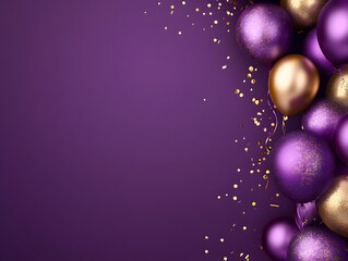 Colorful celebration decorations featuring purple and gold balloons arranged on a deep purple background for a festive occasion or party