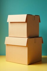 A stack of two closed cardboard boxes, various sizes , blank boxes, warehouse
