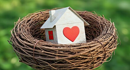 Paper House with Heart Symbol in a Birds Nest Represents Home Love and Care