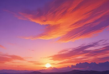 Obraz premium Fiery orange and purple watercolor sunset sky, abstract texture, digital, background, graphic