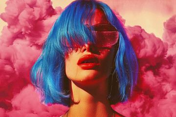 Fototapeta premium Vibrant Pink Haze: A Bold Portrait of a Woman with Blue Hair