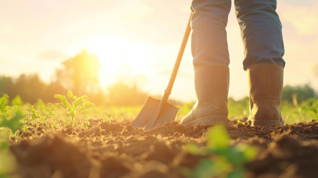 Person in rubber boots stands in field with shovel, enjoying sunny day