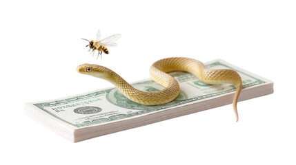 A snake is coiled on top of a stack of money while a bee hovers nearby. The juxtaposition creates a striking and unusual visual, evoking themes of nature and finance