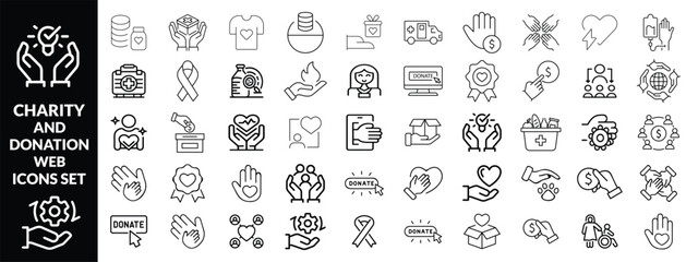 Charity and Donation set of web icons in line style. Volunteering and donation icons for web and mobile app. Help, caring, solidarity, alms, donate, volunteer, care, charity and more. Editable stroke1