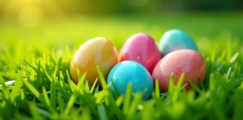 Close-up of colorful eggs nestled in bright green grass , speckled, close-up photography