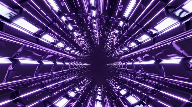 Sci fi cyberpunk inspired animation camera flying pulsating neon lit space tunnel filled purple flickering lights glowing walls