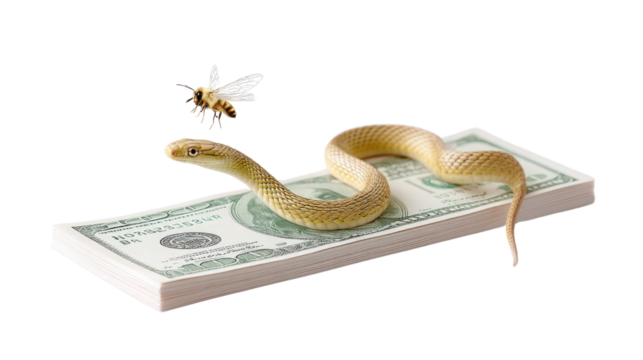 A snake is coiled on top of a stack of money while a bee hovers nearby. The juxtaposition creates a striking and unusual visual, evoking themes of nature and finance