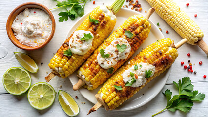 Grilled Elotes: Mexican Street Corn with Creamy Toppings and Spicy Flavor. Flat lay photo :: white background   