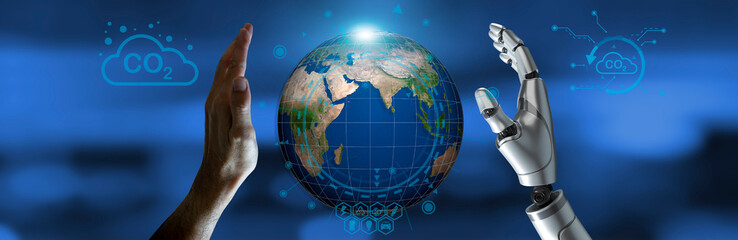 The fusion of human and artificial intelligence takes center stage, symbolizing the delicate balance between technology and environmental responsibility.