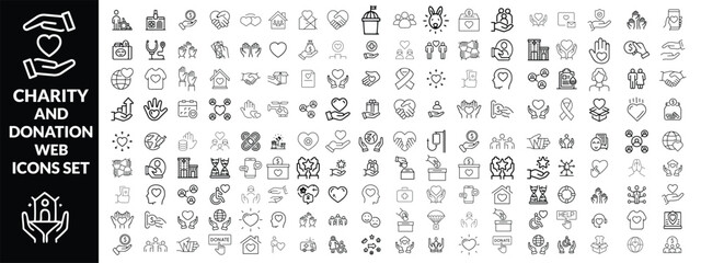 Charity and Donation set of web icons in line style. Volunteering and donation icons for web and mobile app. Help, caring, solidarity, alms, donate, volunteer, care, charity and more. Editable stroke 