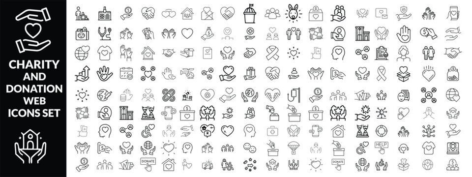 Charity and Donation set of web icons in line style. Volunteering and donation icons for web and mobile app. Help, caring, solidarity, alms, donate, volunteer, care, charity and more. Editable stroke 