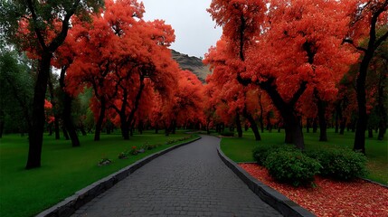 Obraz premium Autumnal Path Vibrant Red Trees with Scenic Park.