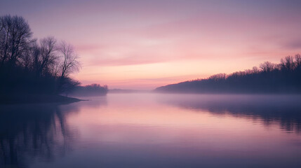 Fototapeta premium A beautiful orange sunrise reflected in the calm river and lake water under the blue morning sky, painting a serene landscape