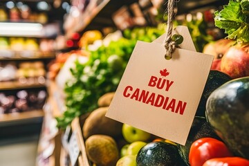 Sign promoting local produce in a grocery store encouraging customers to support Canadian farmers and buy fresh fruits and vegetables during the day