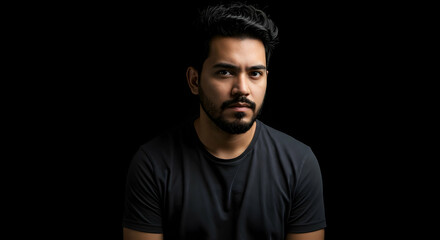 Serious young man portrait on black background Dramatic lighting highlights facial features Ideal for projects on masculinity confidence and modern style