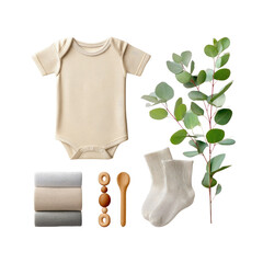 A collection of neutral baby items including a bodysuit, socks, wooden toys, and soft linens is displayed alongside greenery. The arrangement highlights calm colors and textures suitable for infants