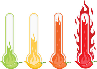 Pepper spice level. Red chili pepper. Mild, spicy, hot, extra hot
