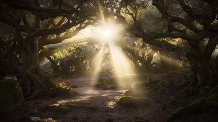 Fototapeta premium Sunlight streams through ancient trees