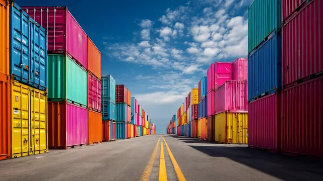 a long path lined with colorful shipping containers, under a bright blue sky with fluffy clouds.